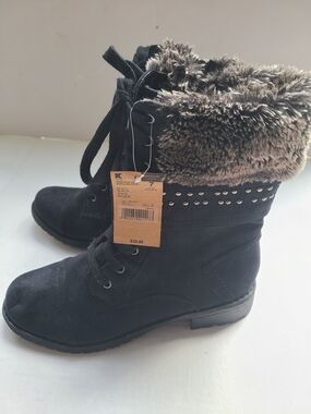Route 66 Black Lace-Up Ankle Boots with Faux Fur Cuff and Stud Accents
